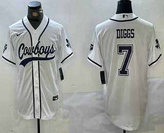 Mens Dallas Cowboys #7 Trevon Diggs White With Navy Name Cool Base Stitched Baseball Jersey